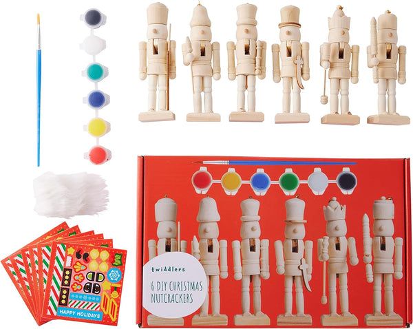 Twiddlers 6 Christmas Wooden Nutcracker Set, 13cm - Paint Your Own Toy Soldier, Diy Art & Craft Gift Decorations
