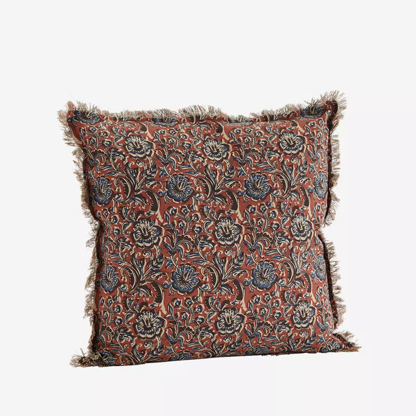 Madam Stoltz Printed Cotton Cushion Cover with Fringes - Burnt Red, Blue, Chocolate, Grey & Beige