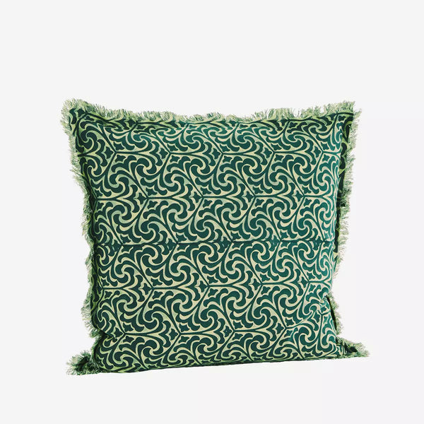 Madam Stoltz Printed Cotton Cushion Cover with Fringes - Teal & Sylvan Green