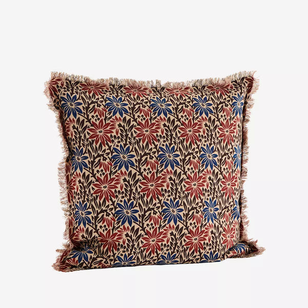 Madam Stoltz Printed Cotton Cushion Cover with Fringes - Beige, Coffee, Burnt Red & Blue