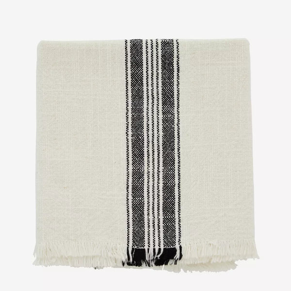 Madam Stoltz Striped Kitchen Towel with Fringes - Off White & Black