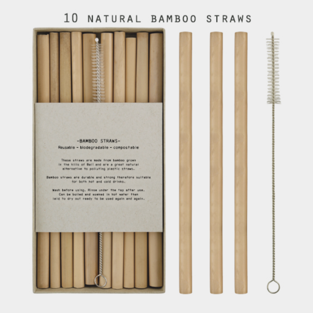 East of India 10 REUSABLE BAMBOO STRAWS WITH CLEANING BRUSH