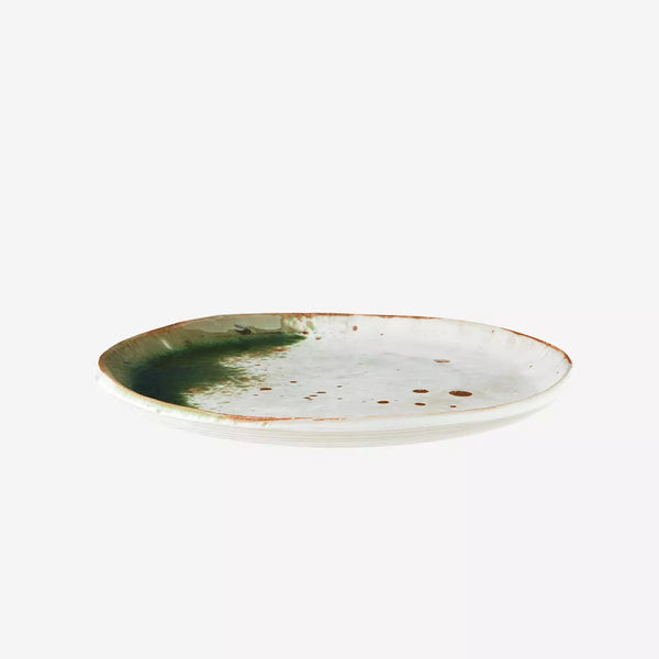 Madam Stoltz Stoneware Lunch Plate - White, Green & Natural