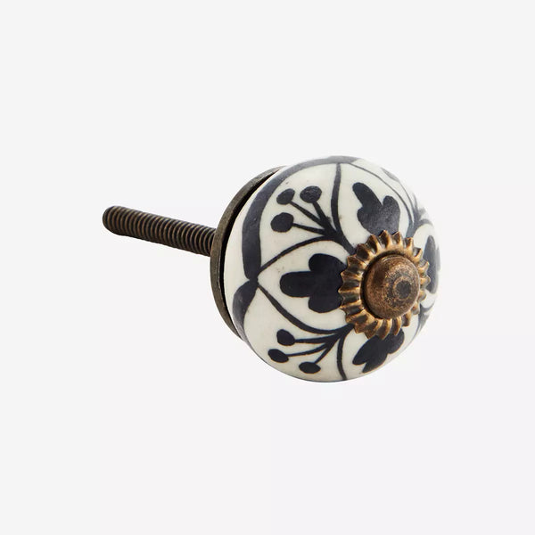 Madam Stoltz Hand Painted Stoneware Doorknob - Matt White & Black