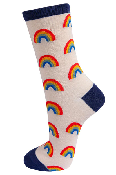 Sock Talk Sock Talk Womens Rainbow Bamboo Socks Ankle Socks Cream Navy Blue
