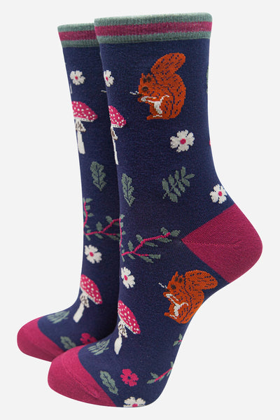 Sock Talk Sock Talk Women's Bamboo Socks Squirrel Ankle Socks Woodland Animals Toadstools Blue