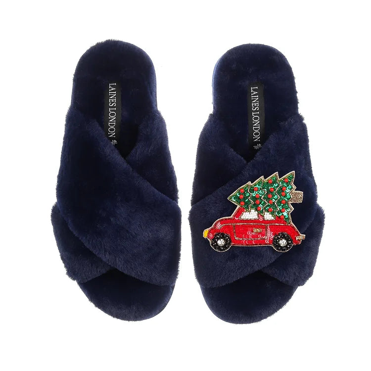Laines London Navy Slippers With Christmas Car Brooch