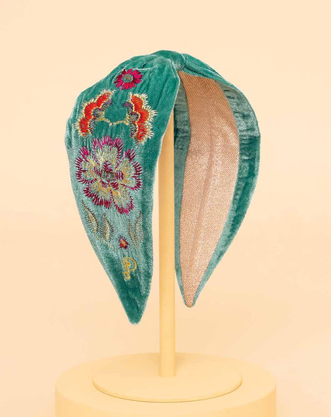Powder Embroidered Velvet Headband - Floral Symmetry Aqua