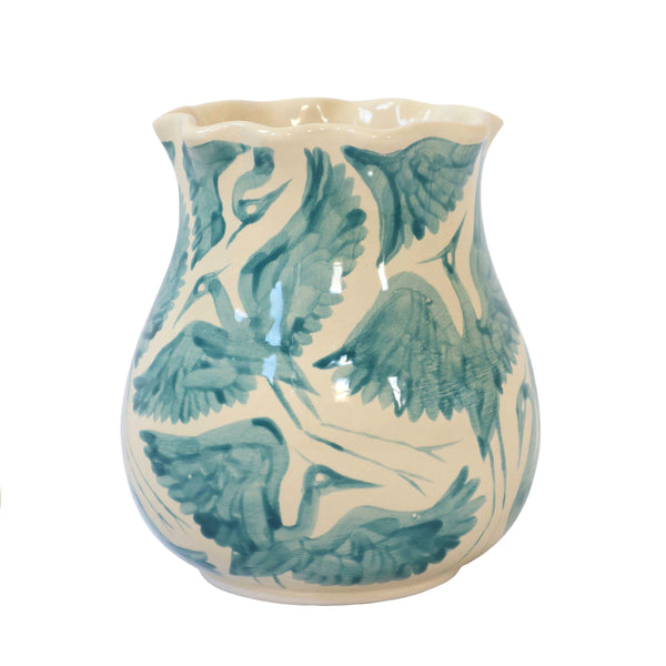 Rosanna Corfe Short Teal Herons Scalloped Vase 