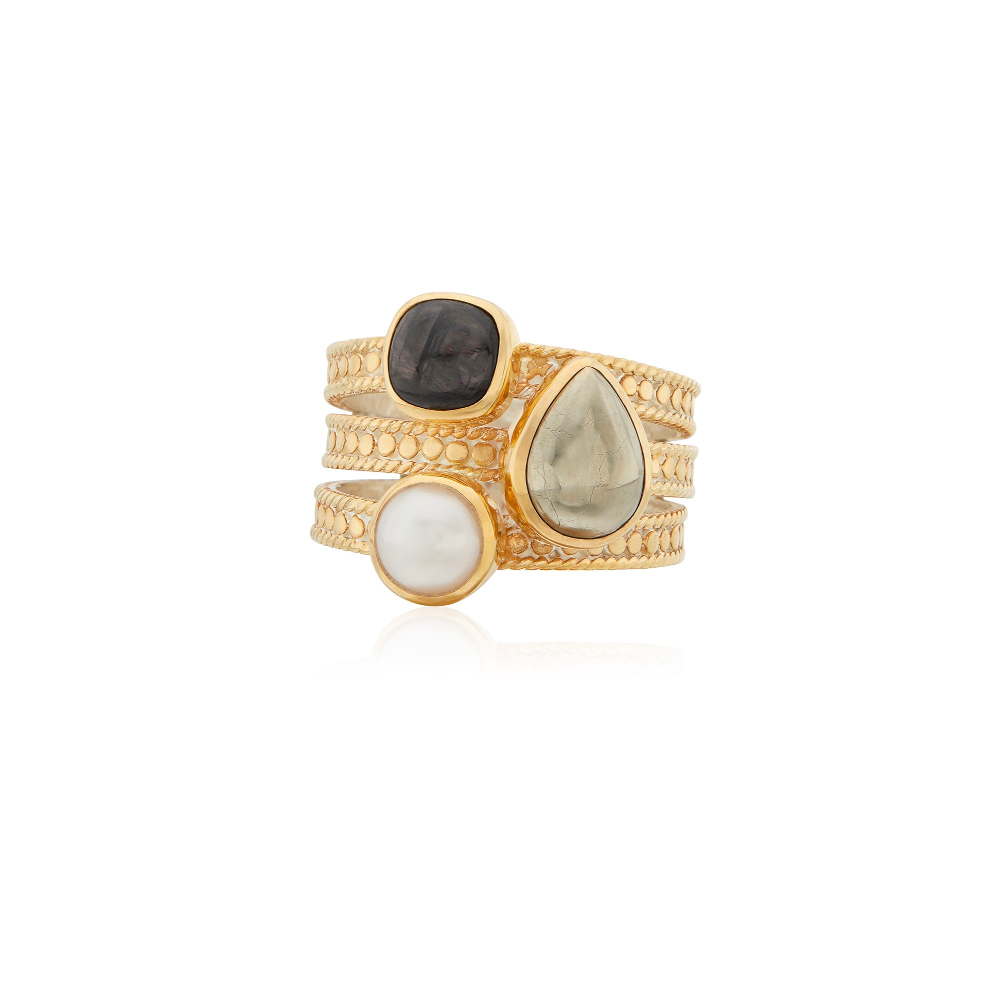 Anna Beck - Hypersthene, Pyrite, And Pearl Faux Stacking Ring - Gold