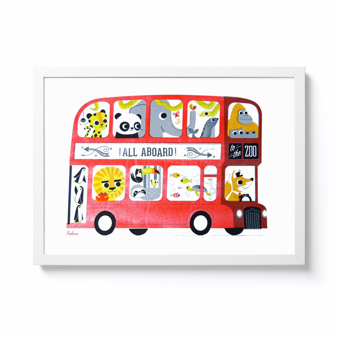 Peski Studio Zoo Bus 'All Abroad' Â· A3 Framed Riso Print