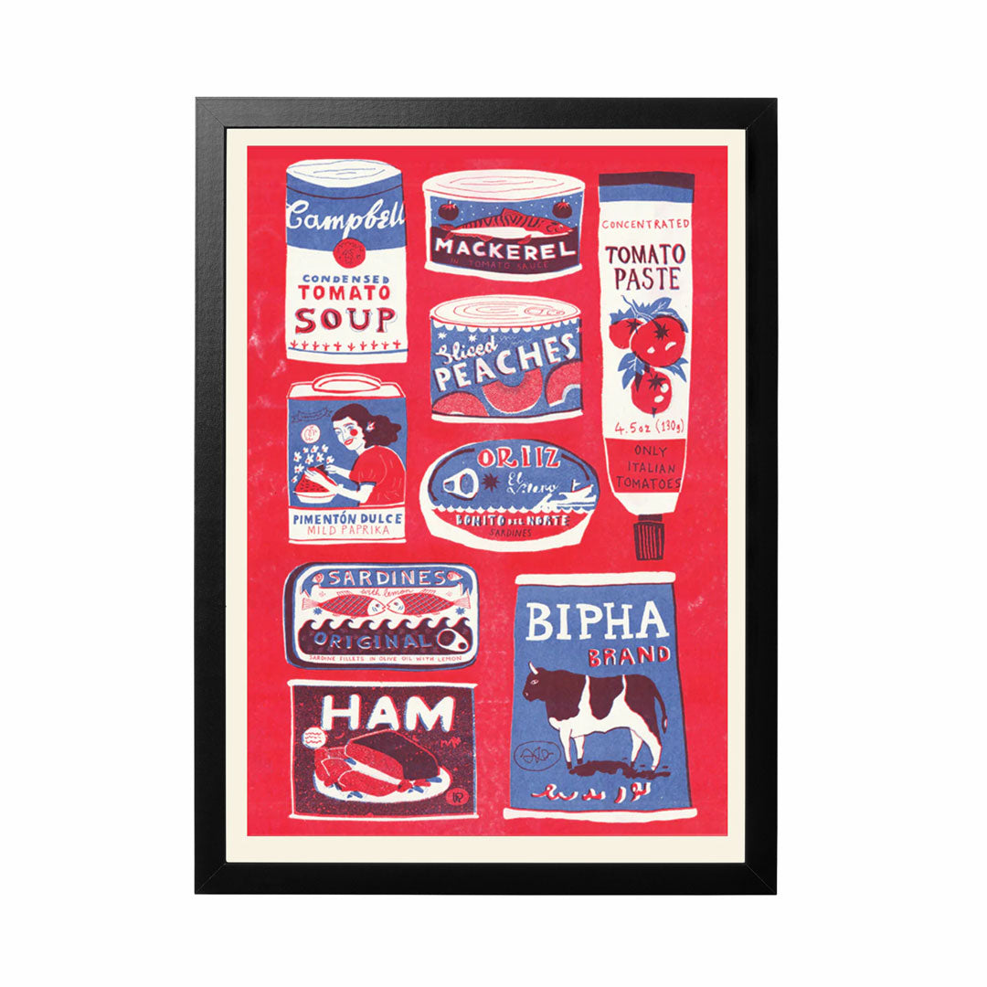 The Printed Peanut Red Tins Collection Â· A3 Framed Riso Print