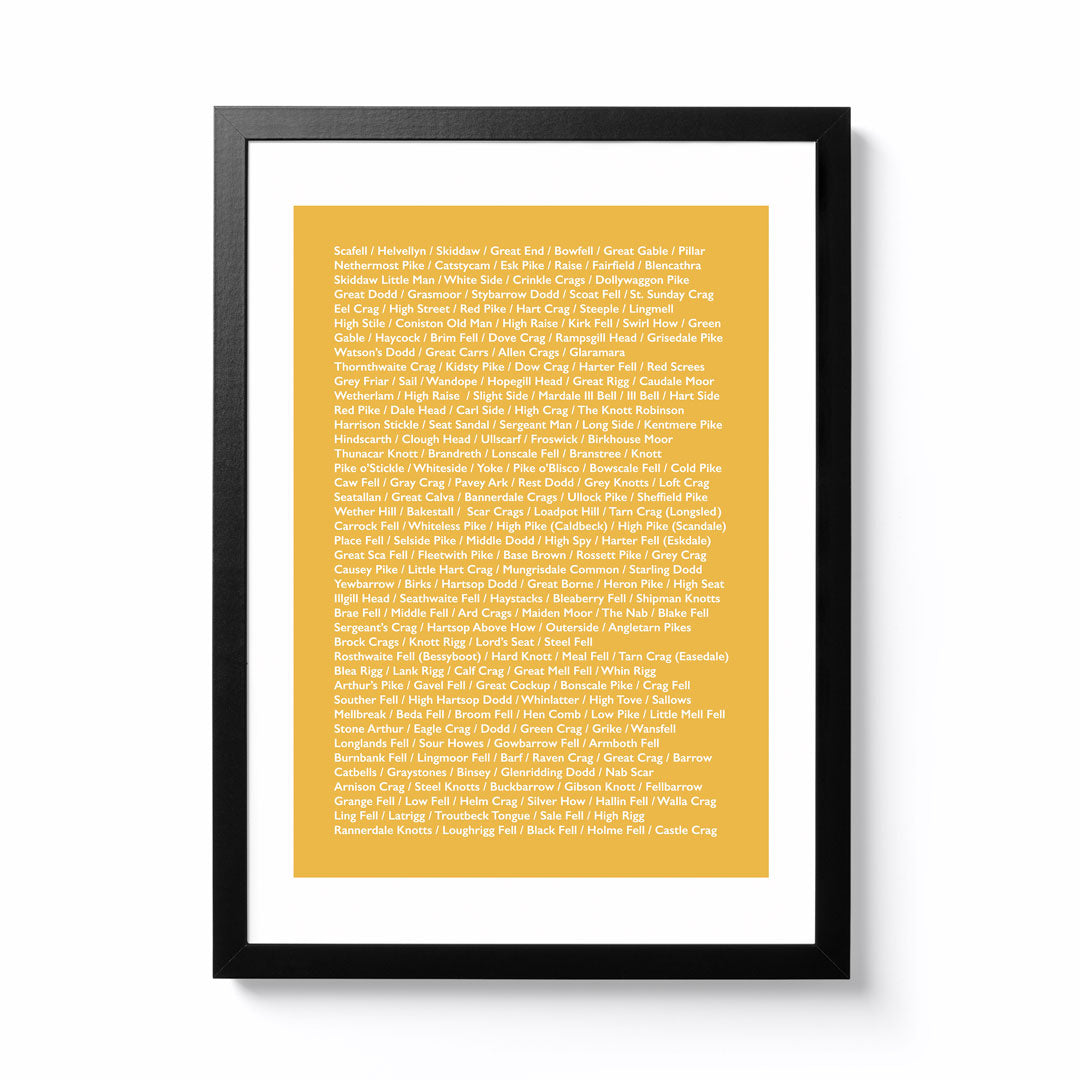 National Park Print Shop A3 List of Wainwrights Mustard Edition Framed Print