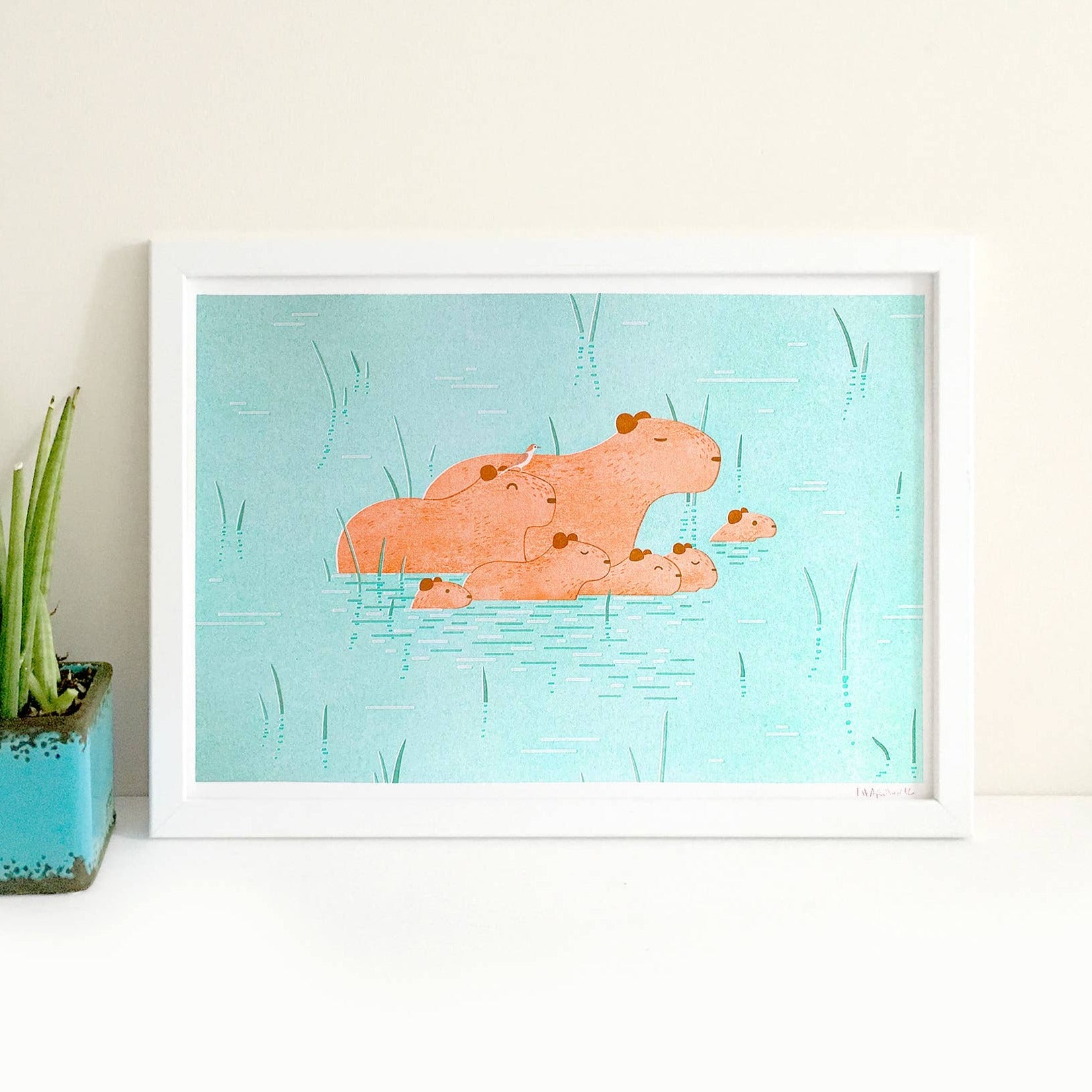 Tom Hardwick Capybaras Chillin' Risograph Print A4 Framed Riso Print