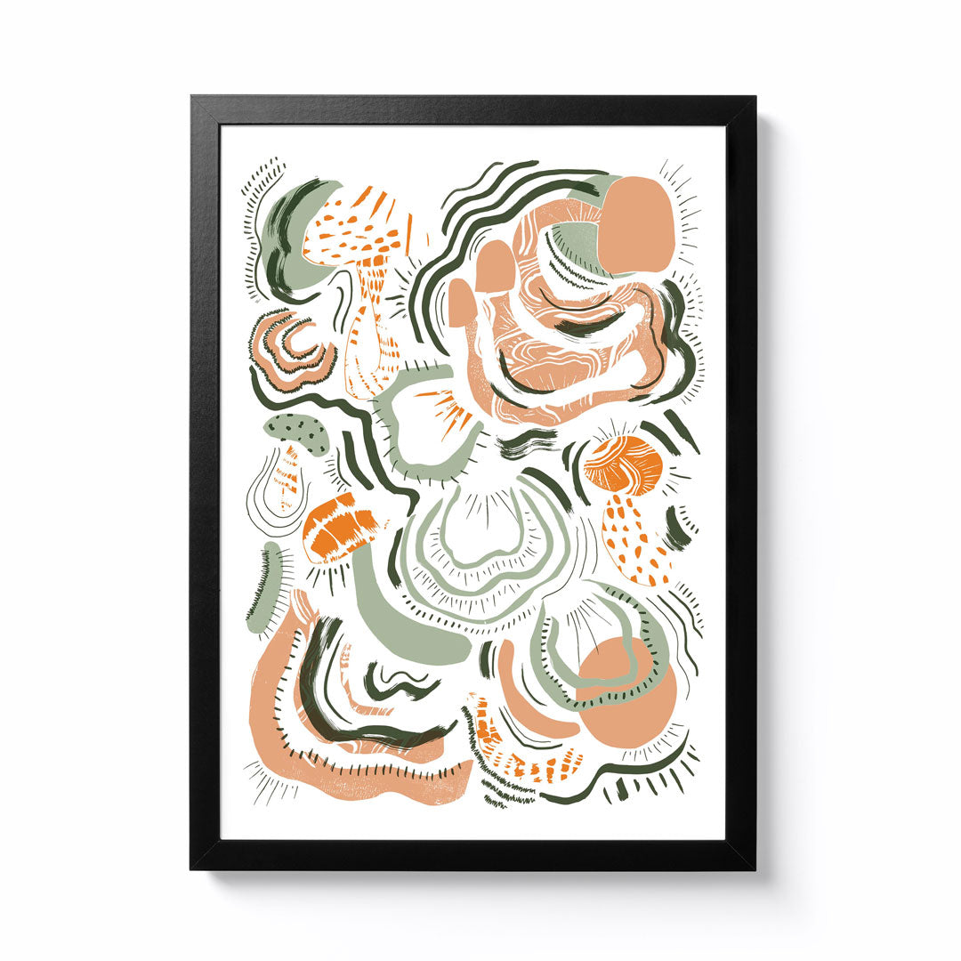 Lauren Riley Fungi Collage - Lichen Green & Wrinkled Peach A4 Framed Print