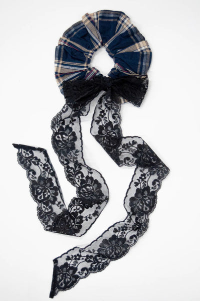 Damson Madder Check Scrunchie With Lace Bow
