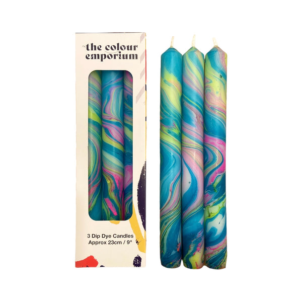 The Colour Emporium Dinner Candles Set Of 3 Dip Dye Marbled Sea