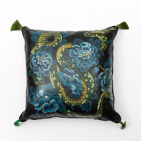 GINA McQUEN Hand-Painted Leather Cushion | Green Snake