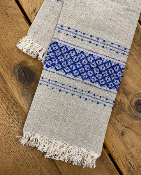 Casa Cubista Large Linen Towel In Blue and White