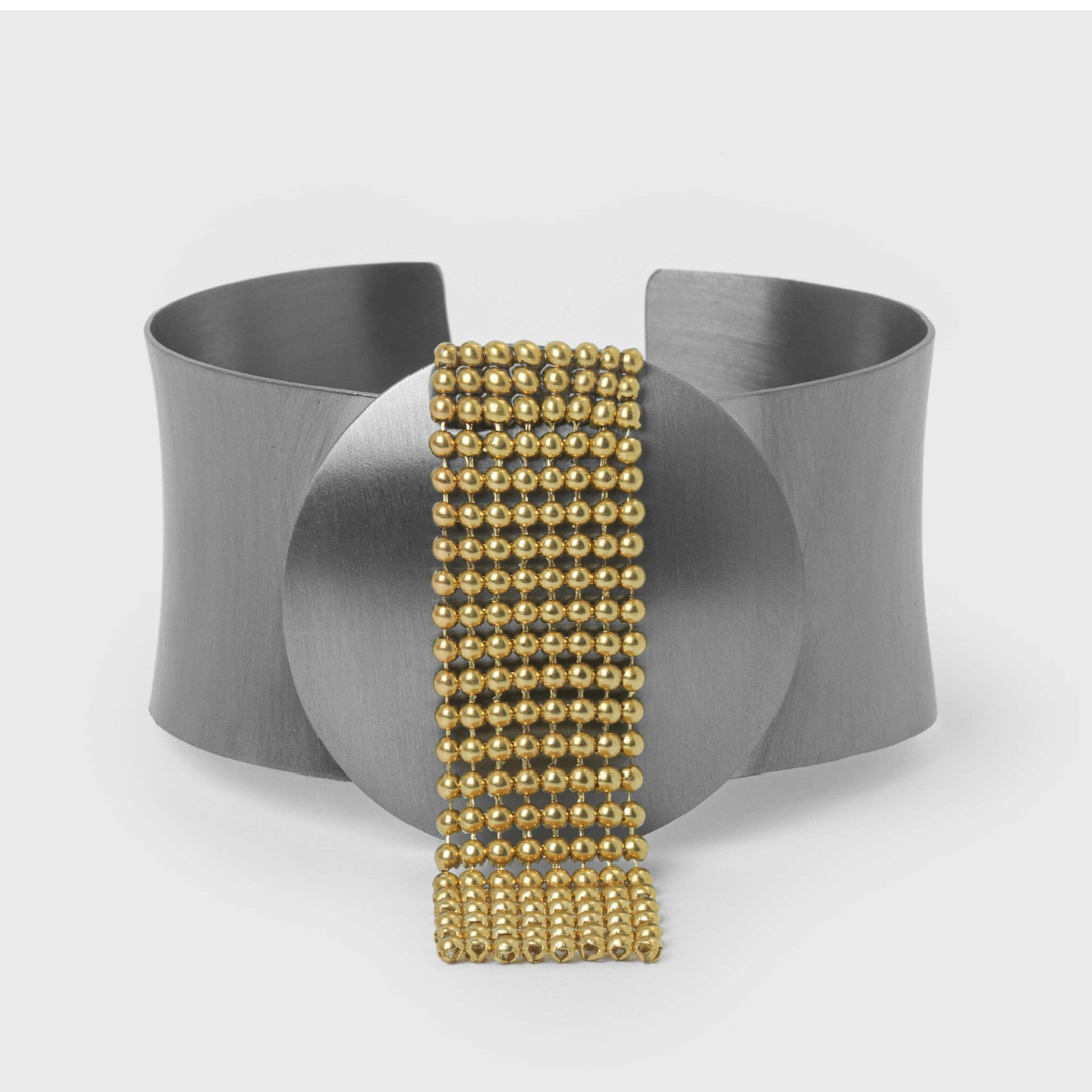 Katerina Vassou Steel Cuff Bracelet with Steel Disc & Chainmail