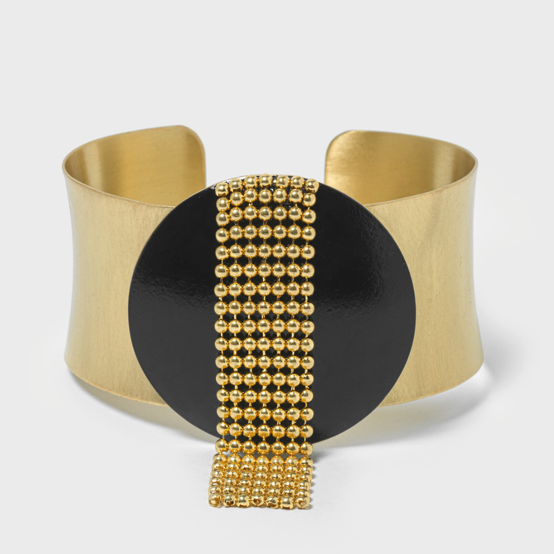 Katerina Vassou Gold Cuff Bracelet with Black Disc & Chainmail