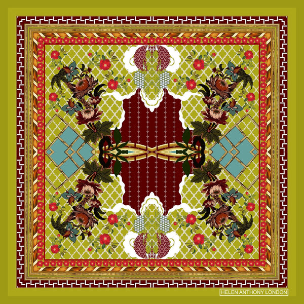 Helen Anthony | Large Silk Foulard Scarf | Pea Green & Red