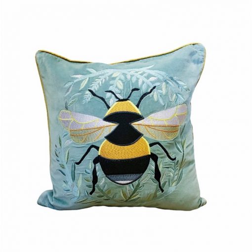 My Doris Velvet Mint Embroidered Bumble Bee Cushion