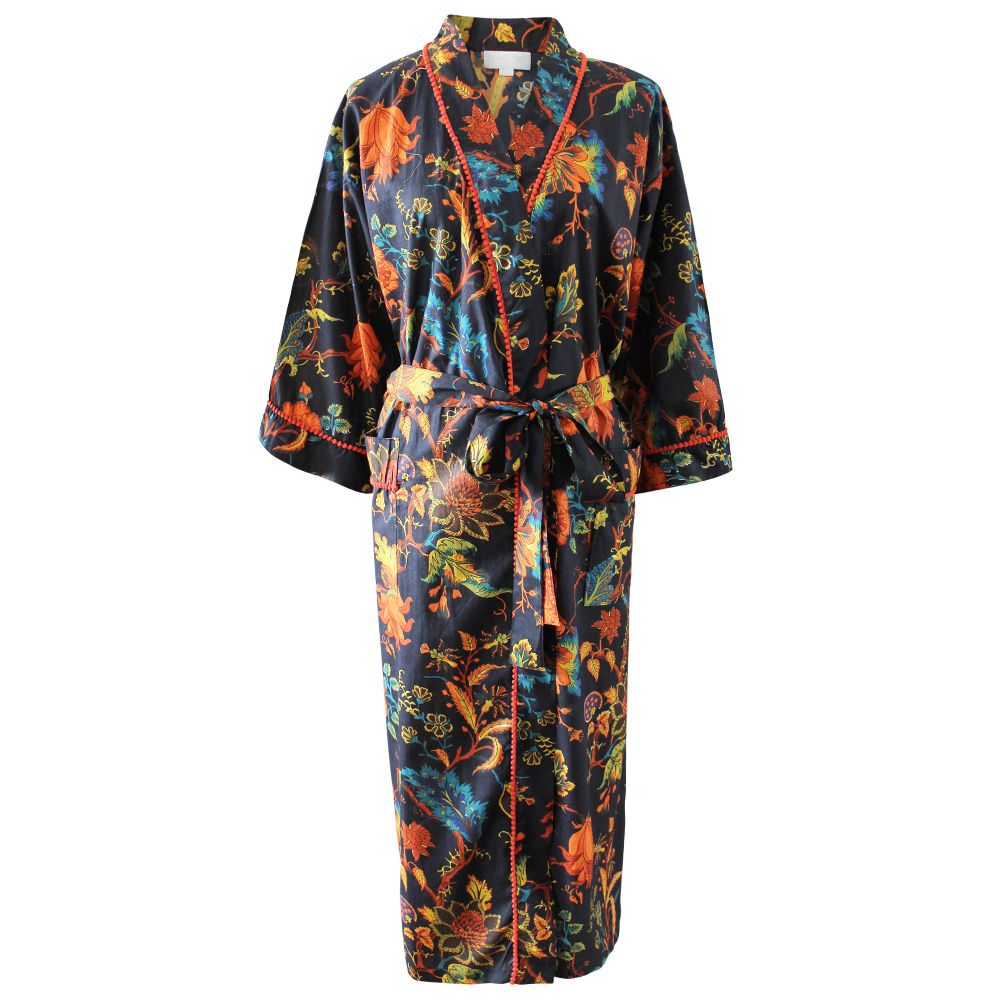 Powell Craft Burnt Orange Exotic Flower Print Cotton Dressing Gown