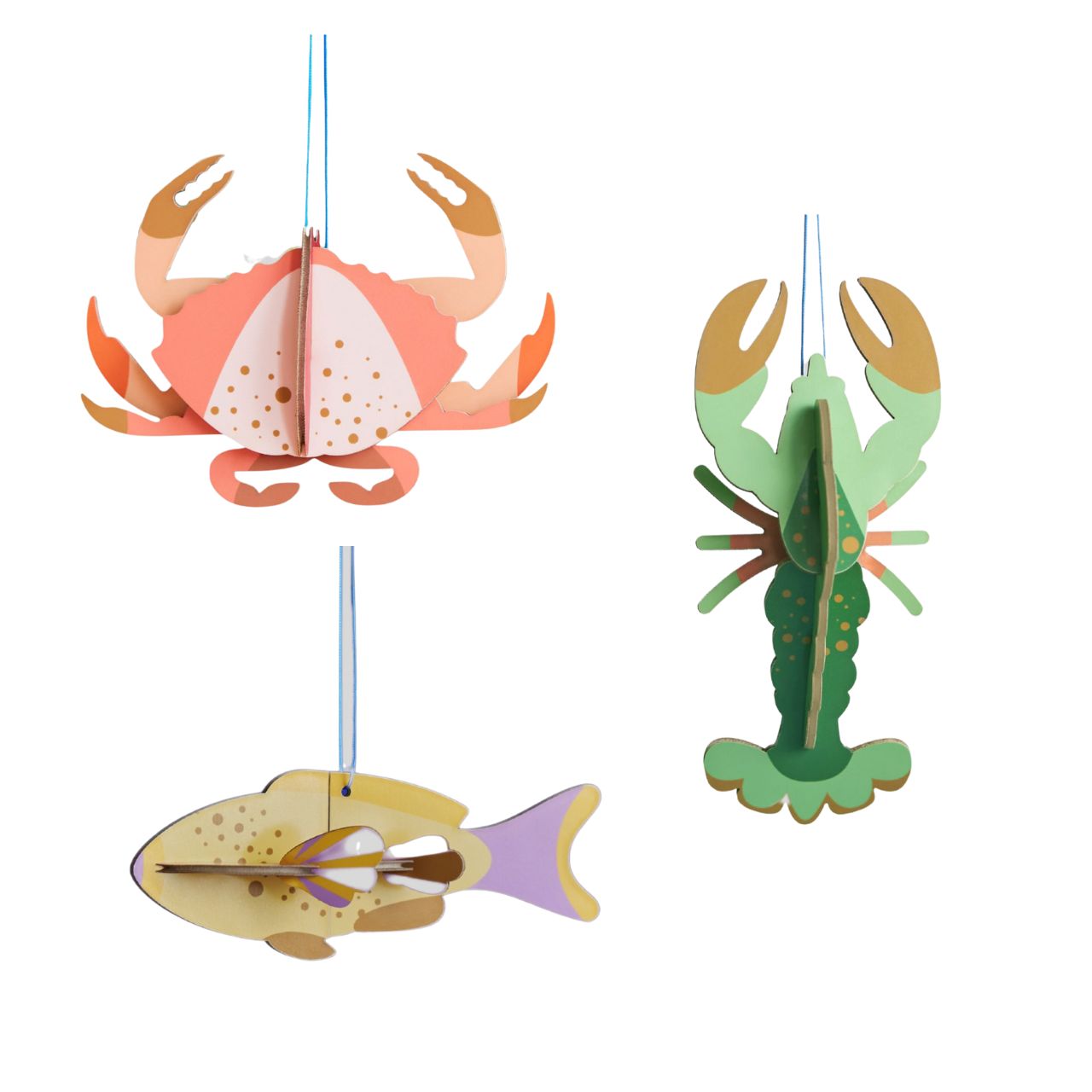 Studio Roof Set of 3 Paper Lucky Charm Decorations - Lobster, Fish, Crab