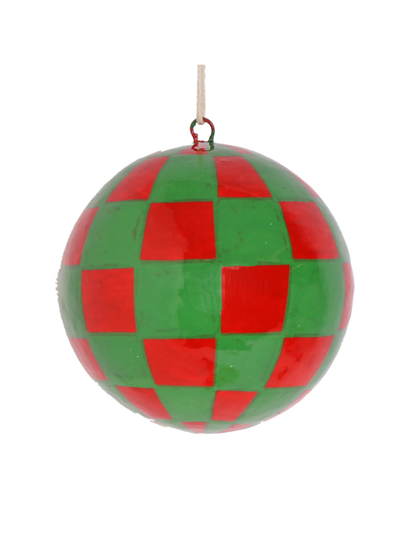 The Conscious Christmas Papier Mache Check Board Bauble - Green/Red