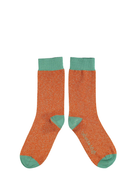 Catherine Tough Lurex Cotton Ankle Socks In Orange & Jade