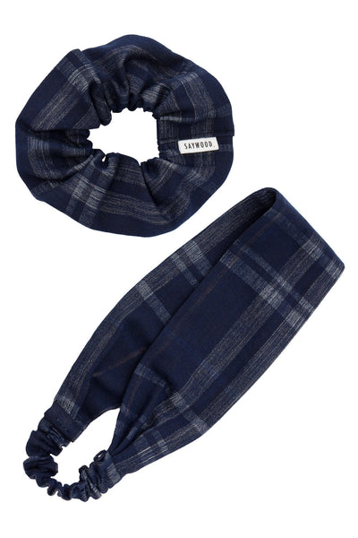 Saywood Navy Check Headband & Scrunchie Gift Set, Cotton
