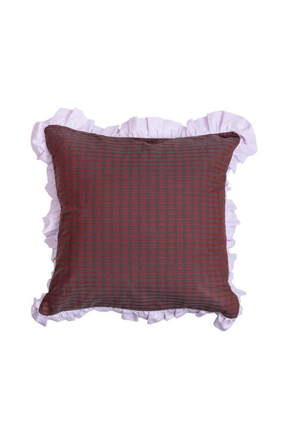saywood-ruffle-cushion-zero-waste-red-check-lilac