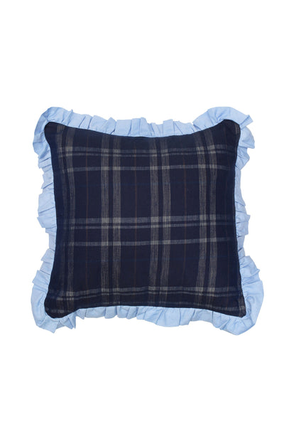 saywood-ruffle-cushion-zero-waste-navy-check-pale-blue