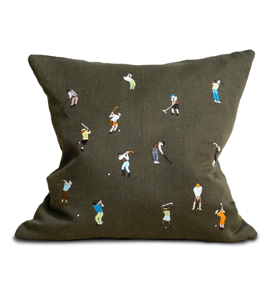 Fine Little Day Embroidered Linen Cushion, Green Golfers