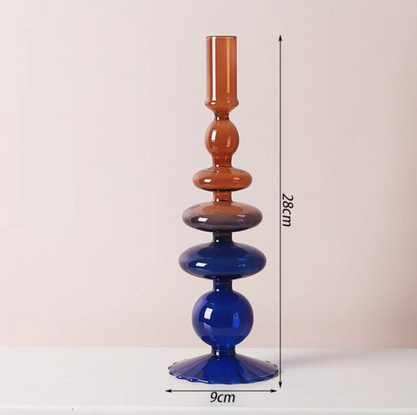 Ivore Two Color Glass Classic Craft Candlesticks Holder - Blue Brown