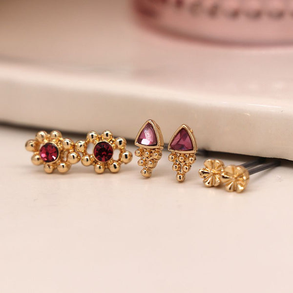 livs Earrings - Multi Gold & Pink Crystal Stud Trio