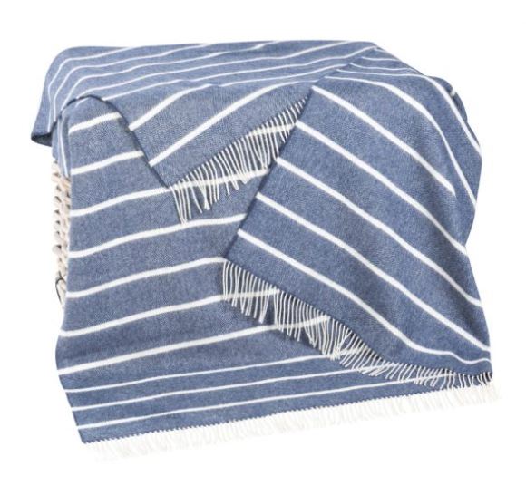 John Hanly & Co.  Merino Lambswool Throw Blanket Denim Blue with White Stripe