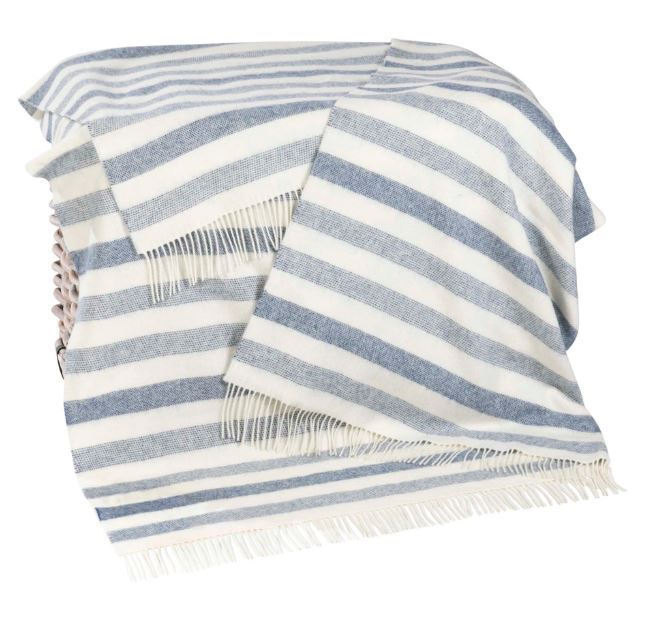 John Hanly & Co.  Merino Lambswool Blanket Denim Blue & White Stripe