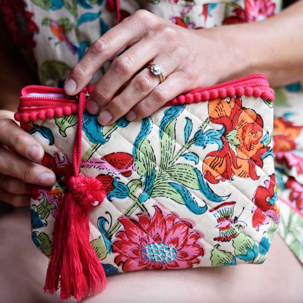 livs Make Up Bag - Floral Garden Red Pom Poms