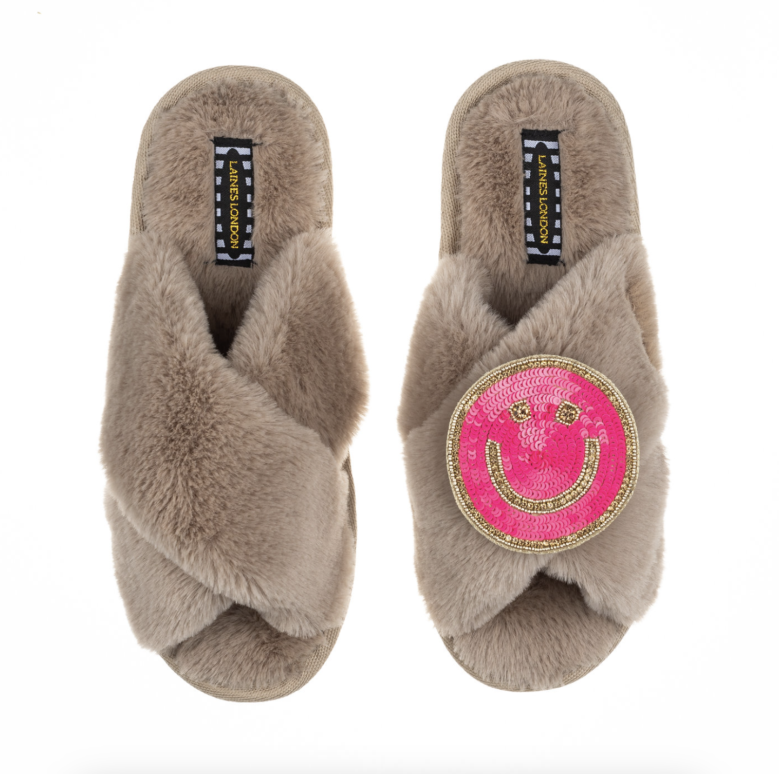Laines London Classic Slipper With Smiley Brooch - Toffee