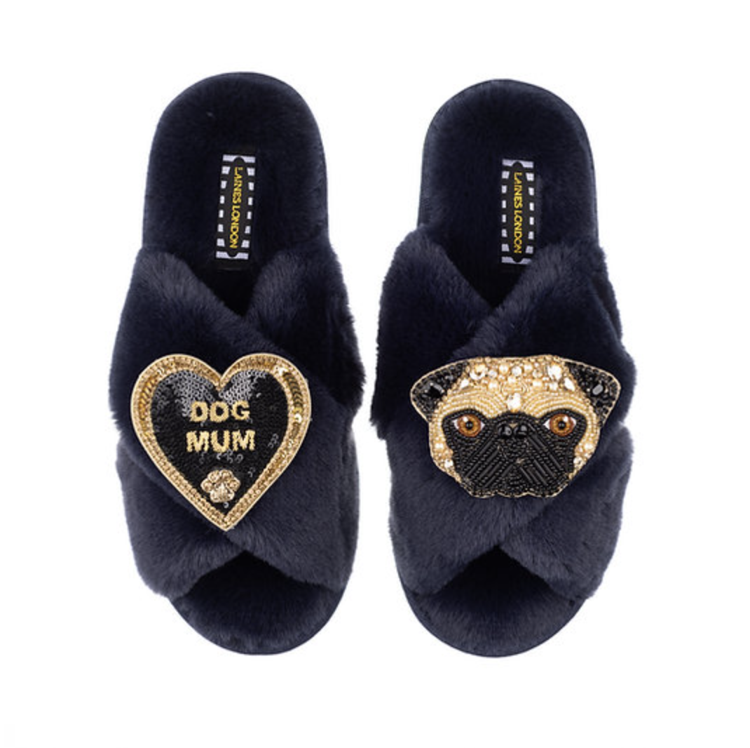 Laines London Classic Slipper With Pug & Dog Mum Brooches - Navy