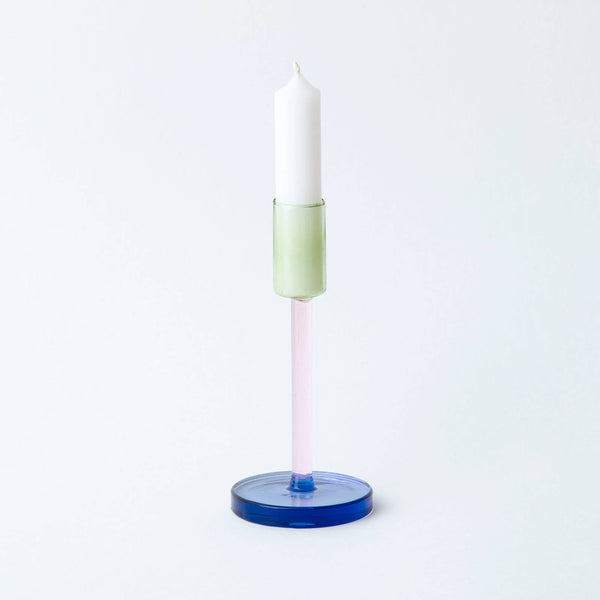 Block Design Green & Pink Glass Candlestick | Tall