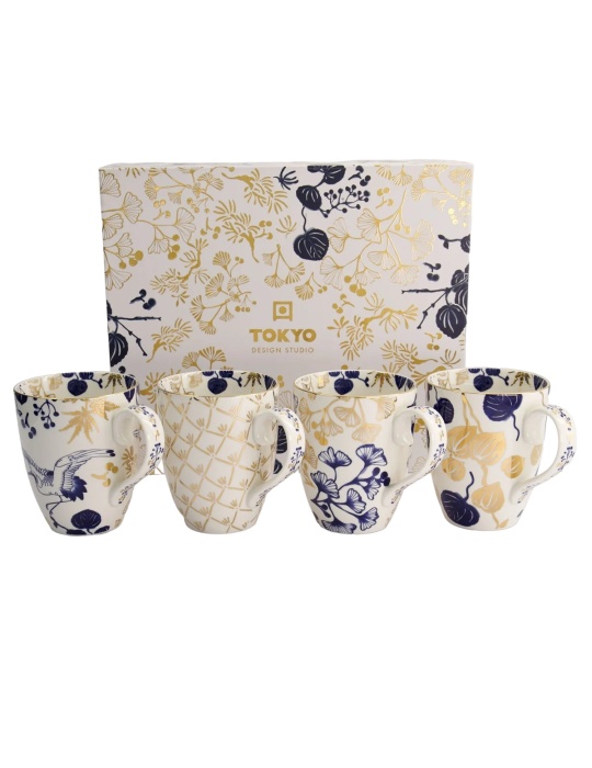 Tokyo Design Studio 380ml Flora Japonica Gold Mug - Gift Box - Set of 4 - Limited Edition