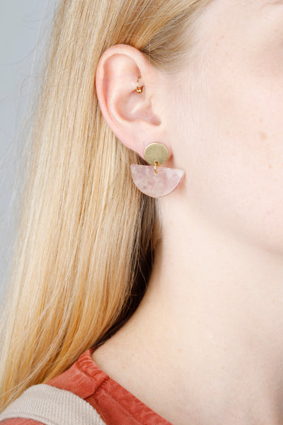 State Of A Rose Quartz Gemstone Semi Circle Circle Earrings