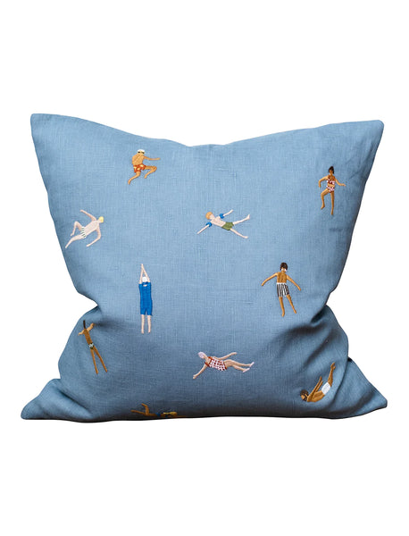 Fine Little Day Swimmers Embroidered Cushion Cover W. Inner Cushion In Blue Linen