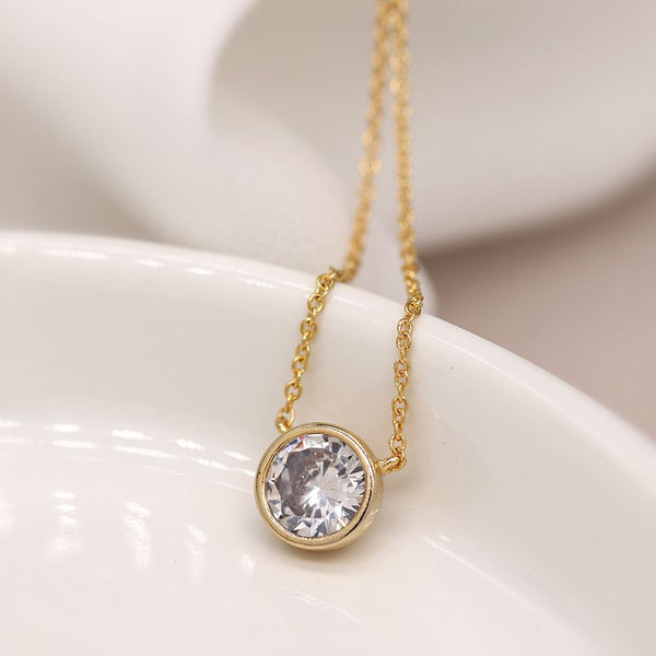 Peace of Mind Necklace - Short Golden with Round CZ Crystal