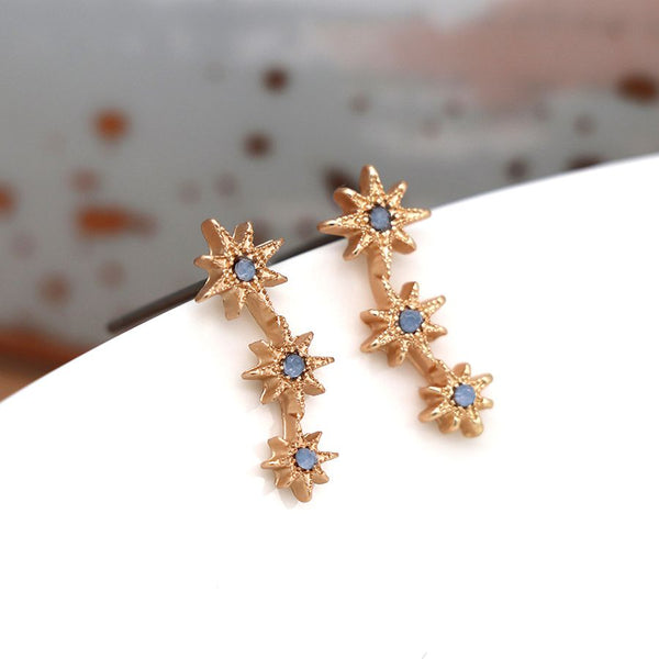 livs Earrings - Triple Star Studs, Golden Blue Crystals