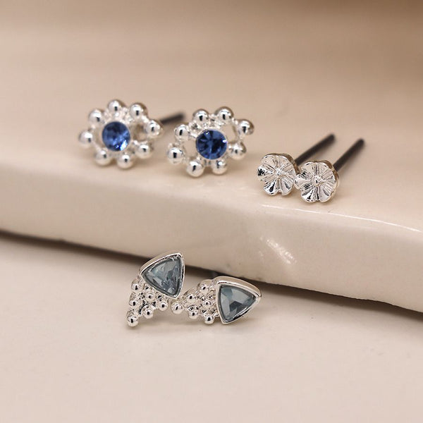 livs Earrings - Multi Silver & Blue Crystal Stud Trio