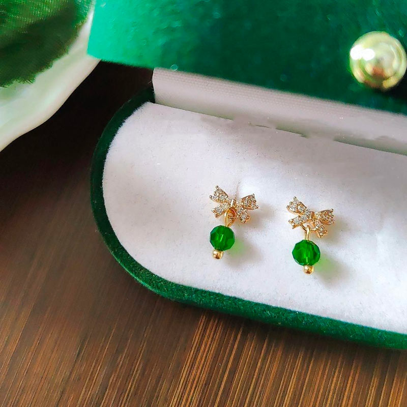 White Leaf Green Bead Bow Earrings